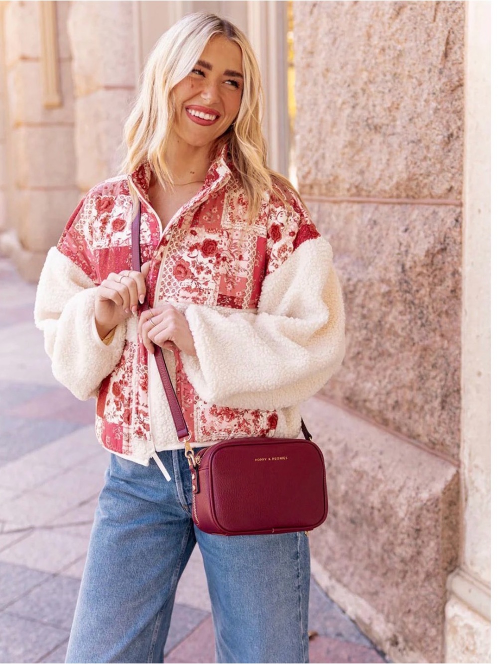 Poppy & Peonies 24/7 Brand New Wine Red Pebble Leather Crossbody - Picture 2 of 6